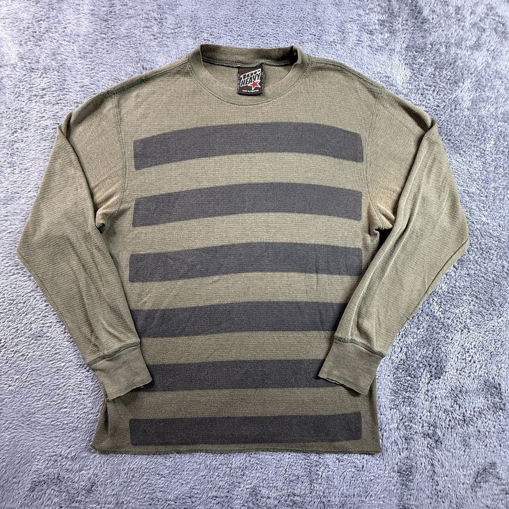 Top Heavy Y2K Womens L Waffle Knit Thermal Striped Long Sleeve Top Olive Green